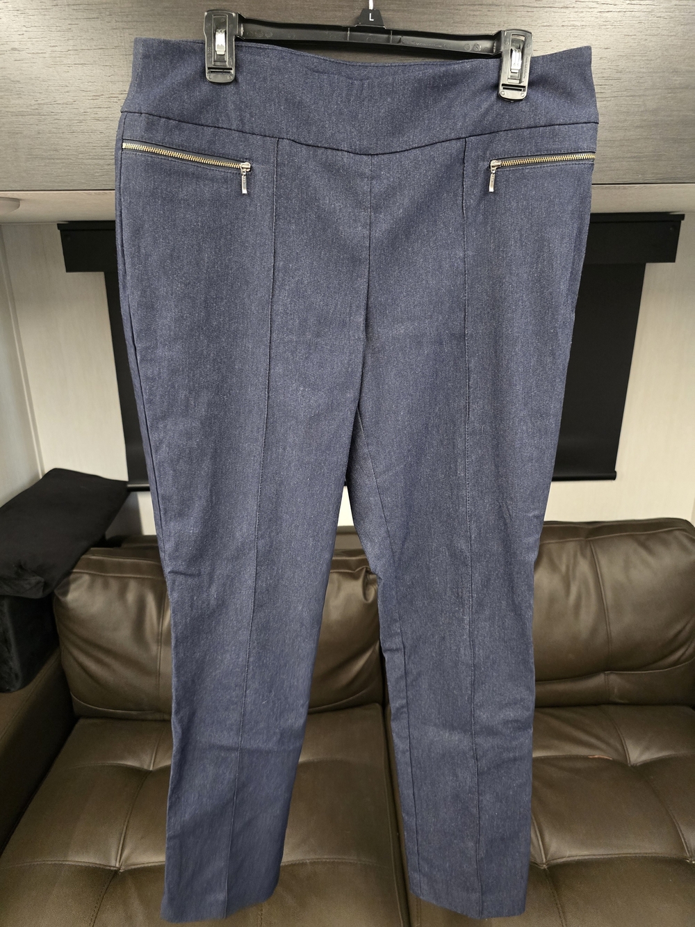 Renuar Navy Straight Leg Pull-On Pants with Zip Details, Size 12